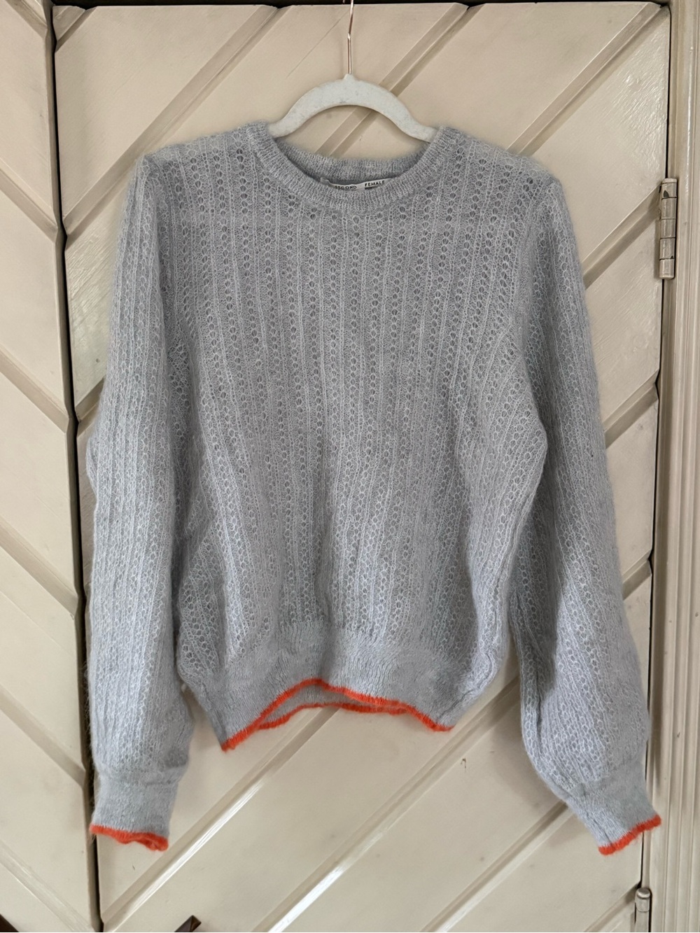 Light Gray Knit Sweater with Orange Trim - Women's Pullover